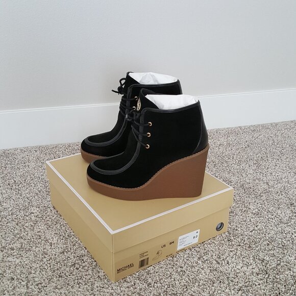 NWT Michael Kors Rye Suede Leather Wedge Ankle Boot Bootie Black 9 - Picture 4 of 11